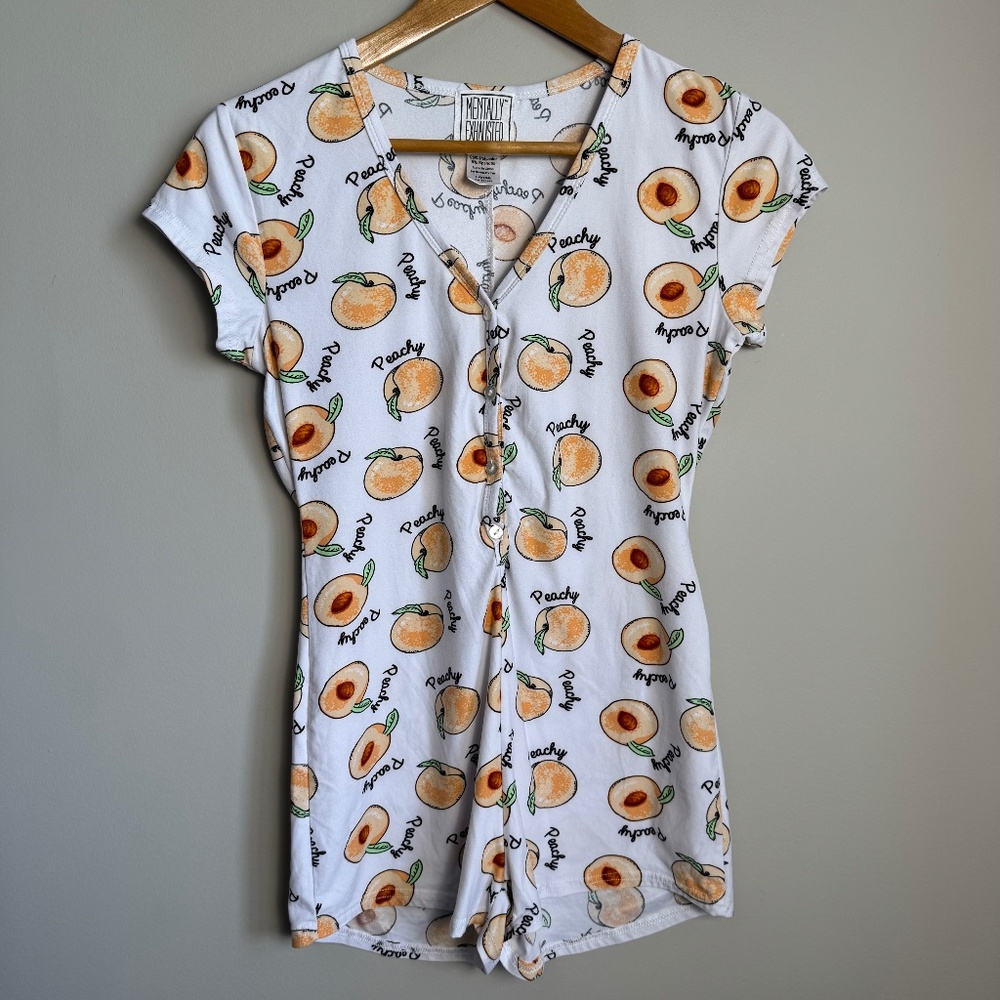 Mentally Exhausted Women's 1/2 Button Up Peachy Pajama Sleep Romper White‎ Large